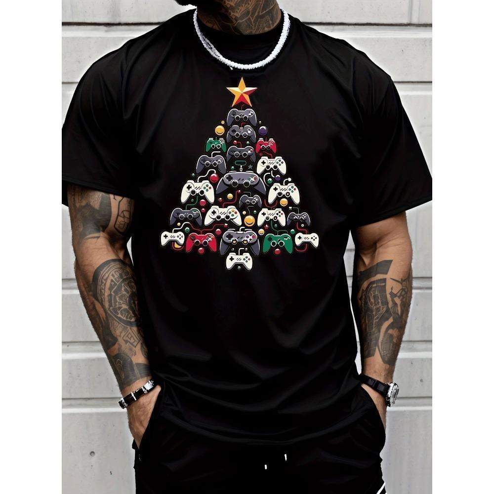 

European Sizes Men S Trendy Short-Sleeve Graphic Tee Featuring a Christmas Tree Star Ornament Design with a Game Controller S чёрный
