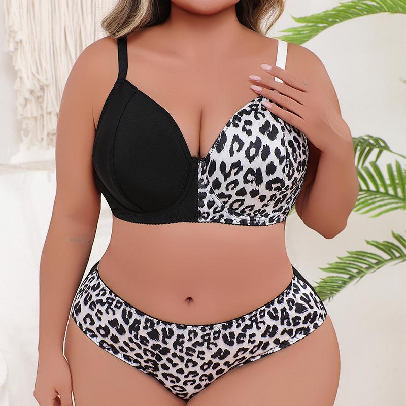 Sexy Plus Size Women's Leopard Print Splicing Underwear Set Gathered Suspenders Bra and Panties Two-piece Set