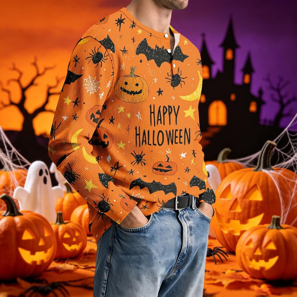 Men's Long Sleeve Printed Neck T-Shirt with Ribbed Texture Casual Tee