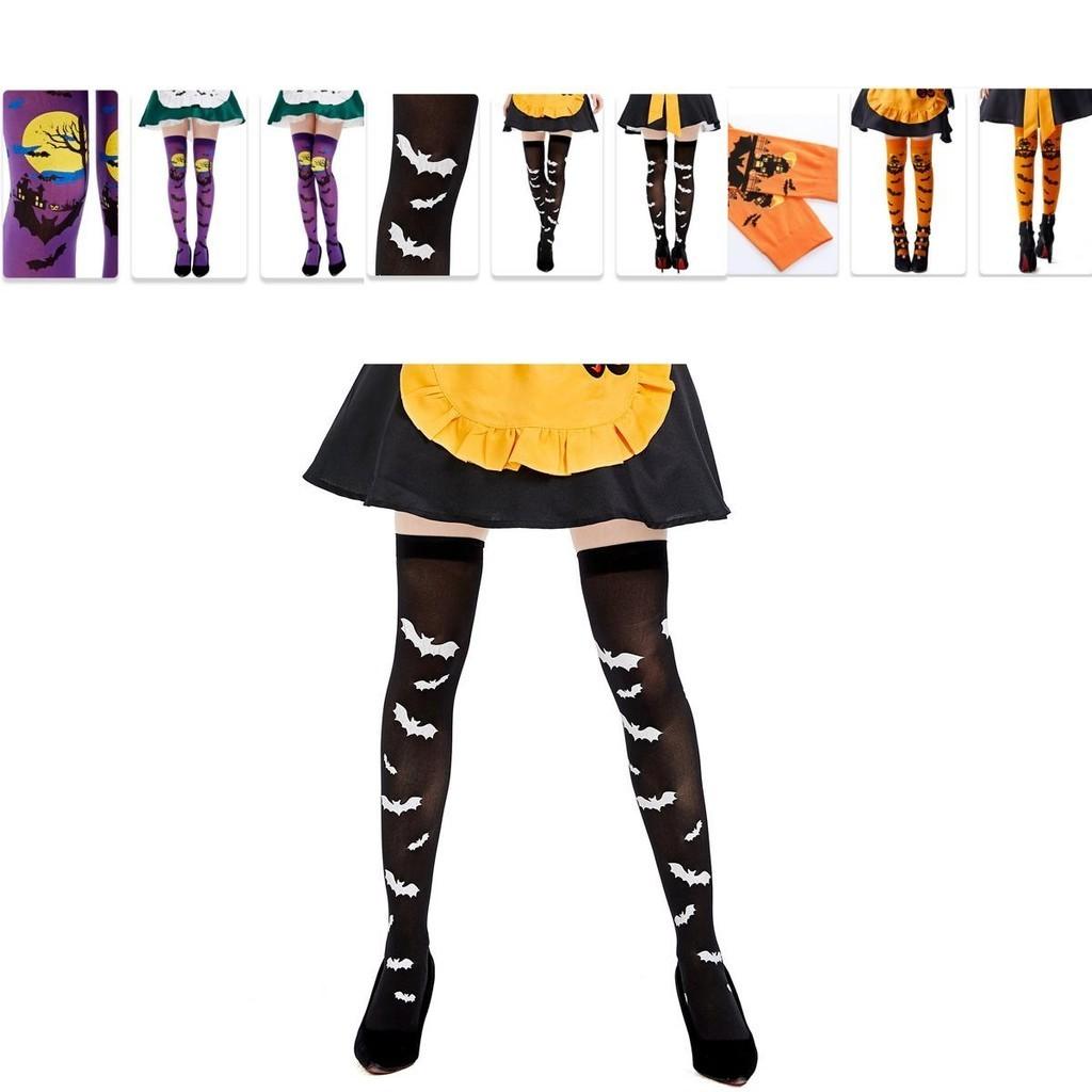 Halloween Ladies Bat Print Over Knee Cosplay Costume Stockings Comfortable Polyester Material