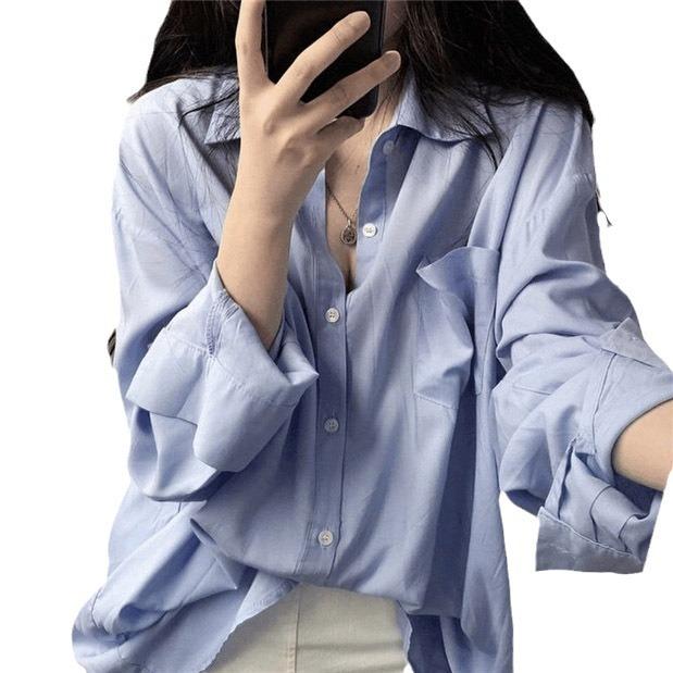 Ladies' Shirt Lazy Wind Drape White Shirt Female Simple Commuter Solid Color Shirt Niche Loose Long-sleeved Blouse Temperament Elegant Fashion Top