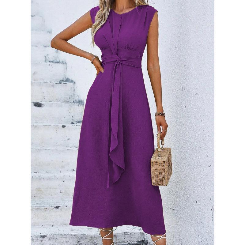 Elegant Sleeveless Front Thin Straps Belted Midi Dress for Summer Women's Solid Color Party A-Line Dress Slim Fit Fashion Evening Dresses