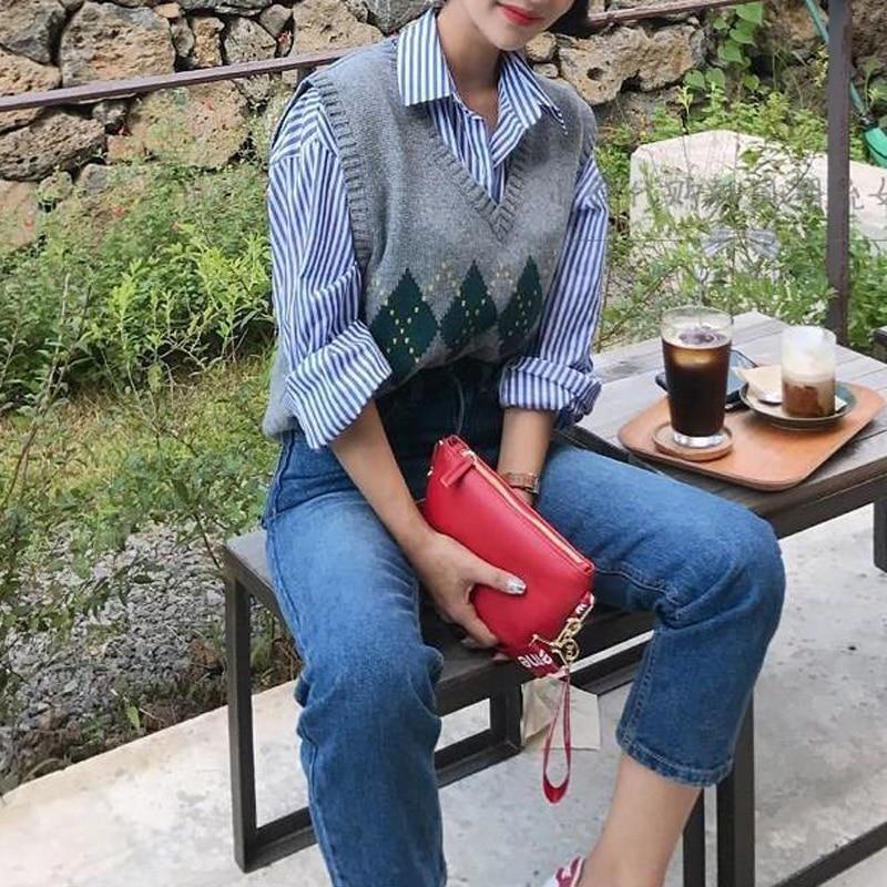 Skarvad tröja väst Dam V-ringad Casual Vintage Pullover Stickad tröja Mjuk Lös ärmlös topp