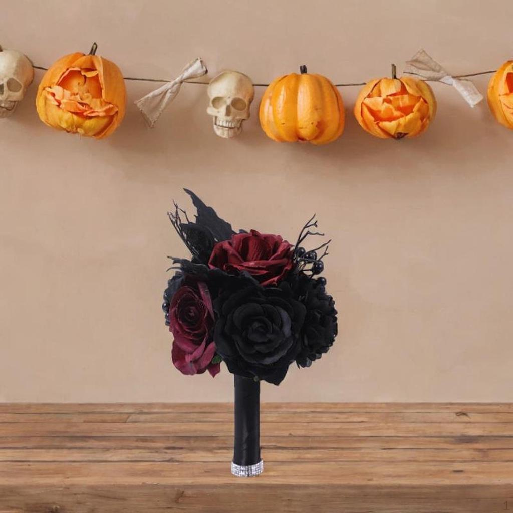 Artificial Rose Flowers Black Leaves Dark Wedding Ornament Twig Goth Flower Bouquet for Theme Party