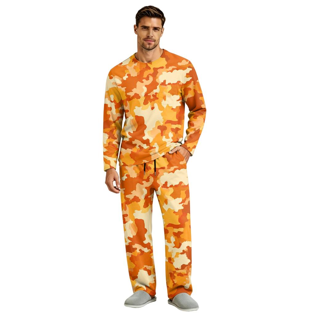 Men's Long Sleeve Pajama Set with Button Crotch and Elastic Drawstring Waist Pants for Home Loungewear