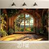 2D plane, single rough wooden window background image, with plants and greenery - polyester material photography background