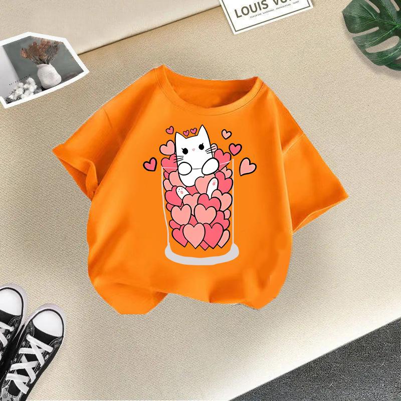 Children's Casual Short-sleeved T-shirt - Summer Girls' And Boys' Fashionable And Cute Cat T-shirt