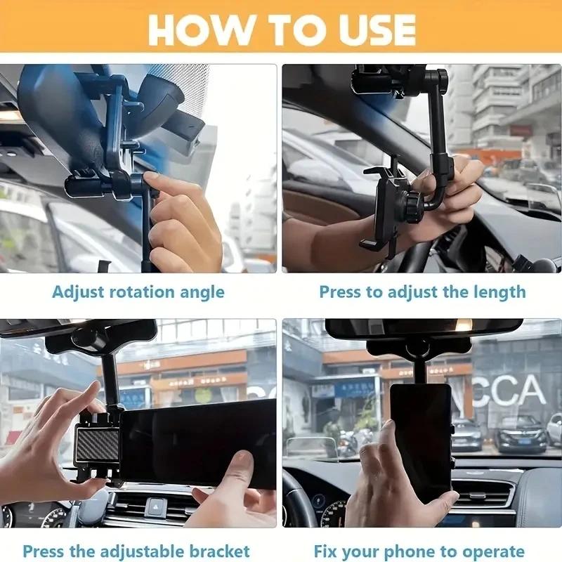 Car Rearview Mirror Phone Holder 360° Retractable Rotatable Cell Phone Holder Clip Mobile Phone GPS Support Phone Mount Stand