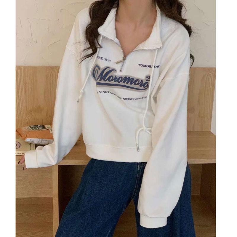 European Style Plus Size Stand Collar Sweatshirt for Women - High Waist, Slimming, Short Top for Spring & Autumn 2025