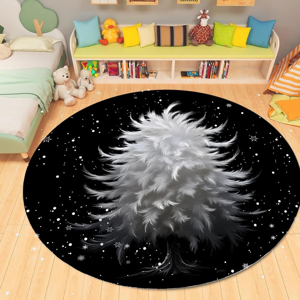 Merry Christmas Round Area Rugs Christmas Tree Red Plaid Rug for Living Room Carpets, Breathable Rug for Kids Room Floor Mat