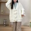 Horn Buckle Loose V-neck Sweater Jacket Autumn and Winter Women's Clothing Wear Lazy Wind Outside Casual Versatile Knitted Cardigan