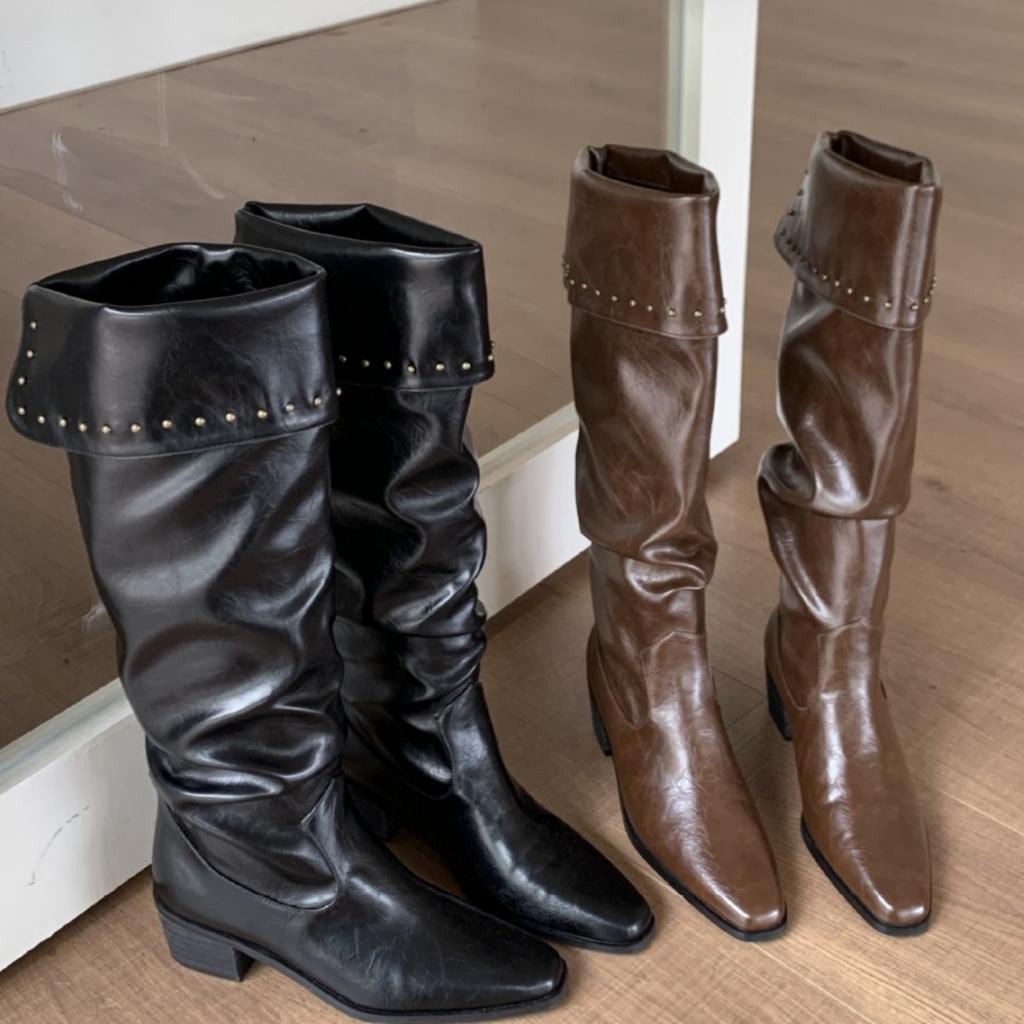 2025 Fashion Spice Girl Pleated Autumn and Winter Pile Boots Women's Autumn and Winter Design Sense Pointed Rivet Fashion Boots High Heel Knight