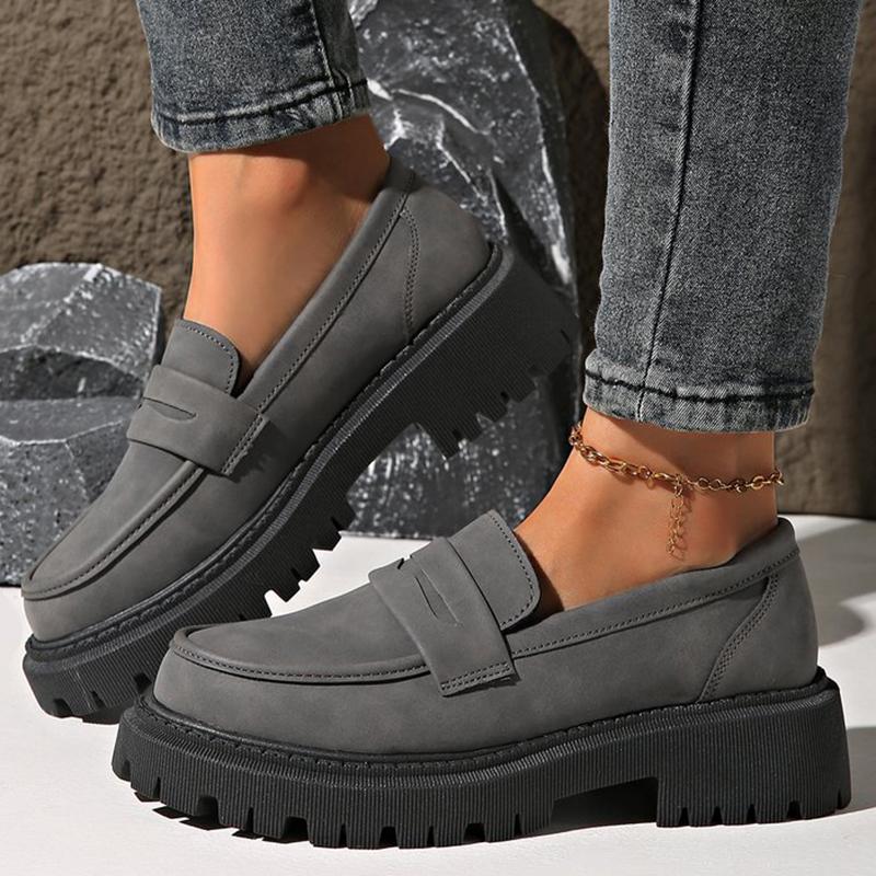 Fashion Basic Gray Faux Suede Loafers Shoes Women Slip On Round Toe Loafers Shoes Woman Spring Autumn Plus Size Platform Shoes Ladies