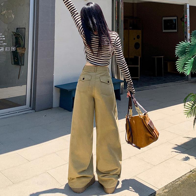 Autumn 2025 Khaki High-Waist Loose Straight-Leg Women's Jeans - Casual, Slimming, Fashionable Wide-Leg Pants