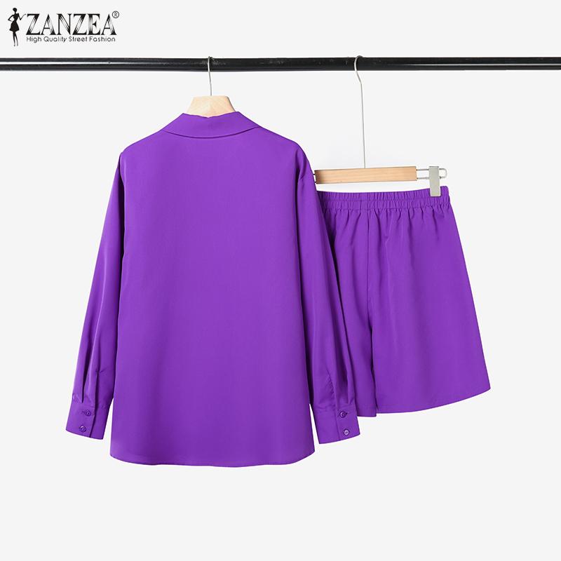 ZANZEA Women Turn Down Collar Long Sleeve Blouse Summer Shorts Two Piece Outfits