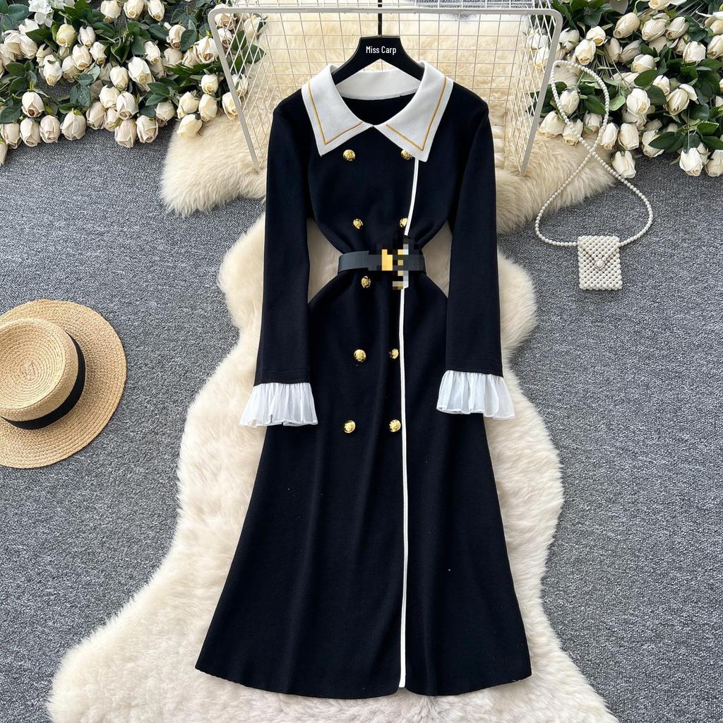 Nanyou 2025 Fall/Winter Women's Colorblock Knitted Dress with Metal Buckle and Long Sleeves
