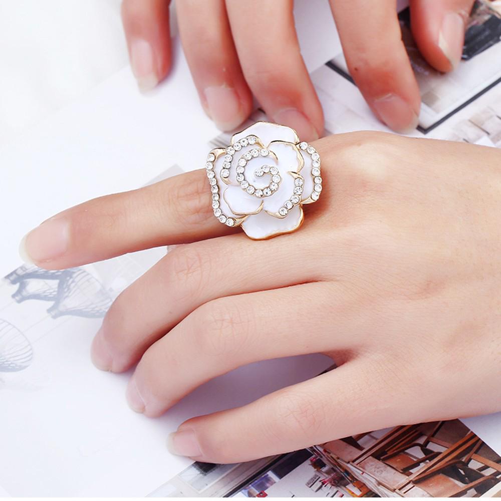 Adjustable Alloy Flower Ring with Drip Glaze & Rhinestones - European & American Creative Design for Women