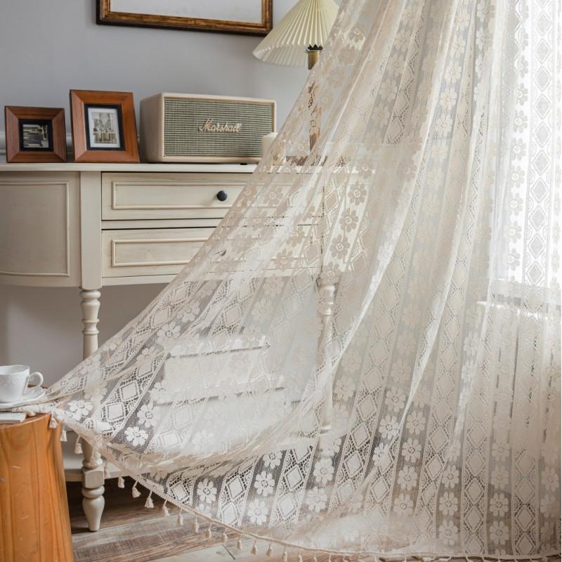 American Style Hollowed Out Beige Flower Fringe Curtain Finished Free Perforated Rod Pocket Bedroom Living Room Curtains