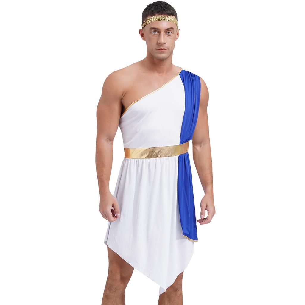 Greek Roman Role Play Outfit - Men's Color Block One Shoulder Dress Irregular Hem for Halloween Party
