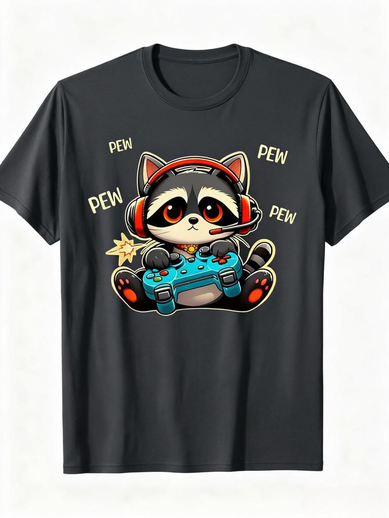 Cute Gaming Raccoon Pew Pew TShirt Cartoon Gamer Animal Graphic Tee Casual Cotton Short Sleeve Tshirt