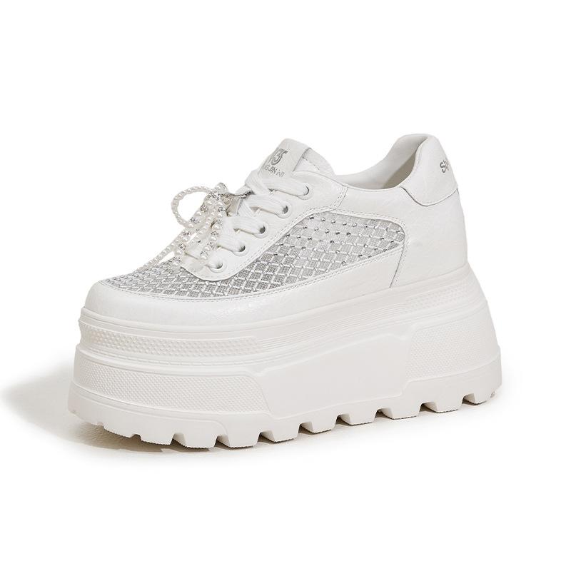 Little White Shoes Women's 2025 New Summer Rhinestone Thick-soled Hollow Mesh Sandals Versatile Breathable Inner Height-increasing Women's Shoes