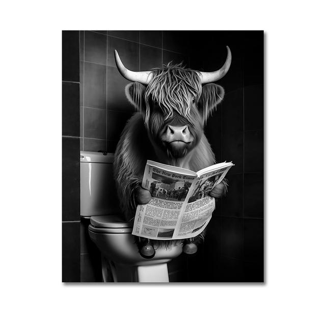 Funny Highland Cow On Toilet Wall Art Poster Prints Rustic Farmhouse Style Canvas Painting Picture for Bathroom Room Home Decor