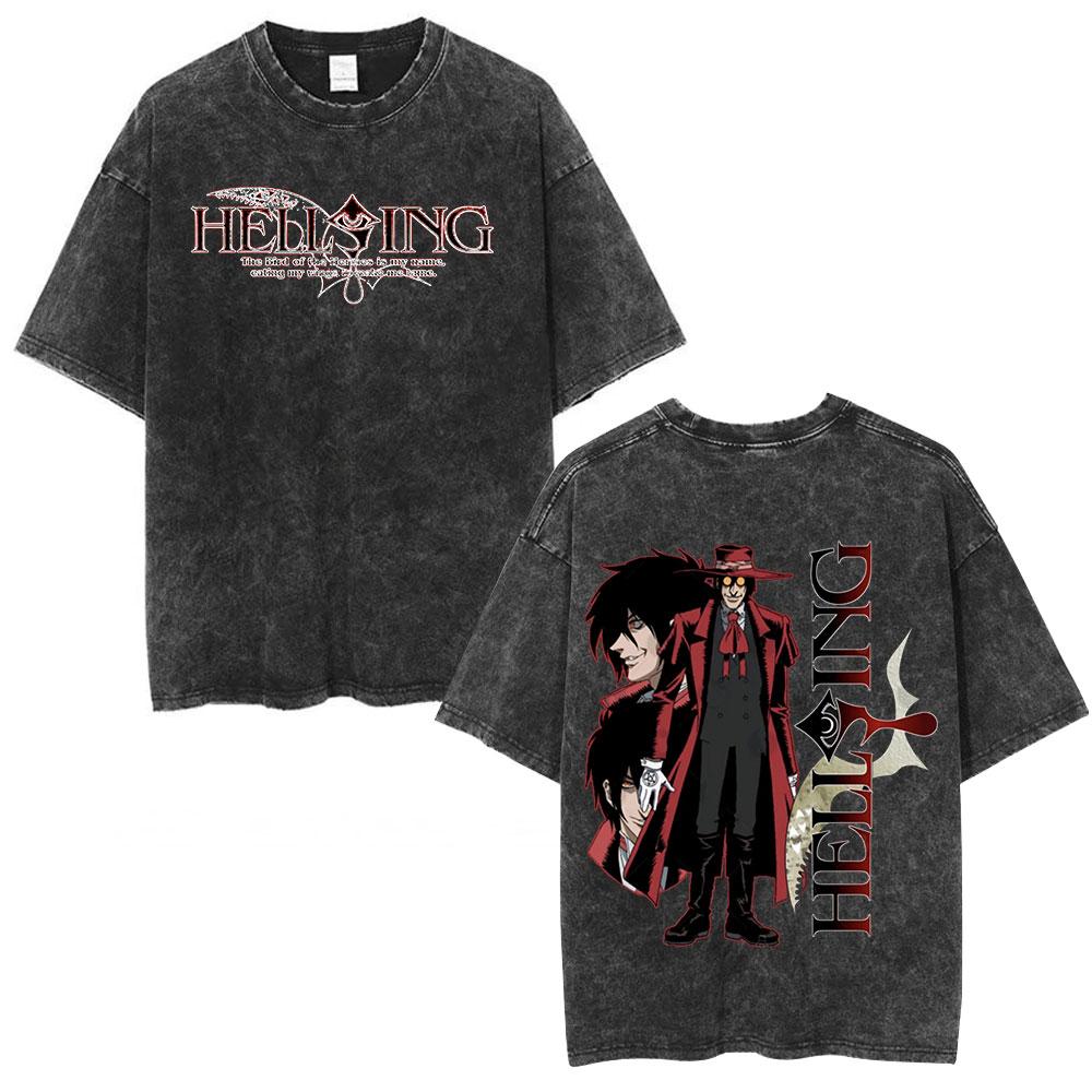 Anime Hellsing Alucard Cool Printing T Shirt Men Vintage Manga Tshirts Washed Cotton Tee Harajuku Male Casual Oversized T-shirt