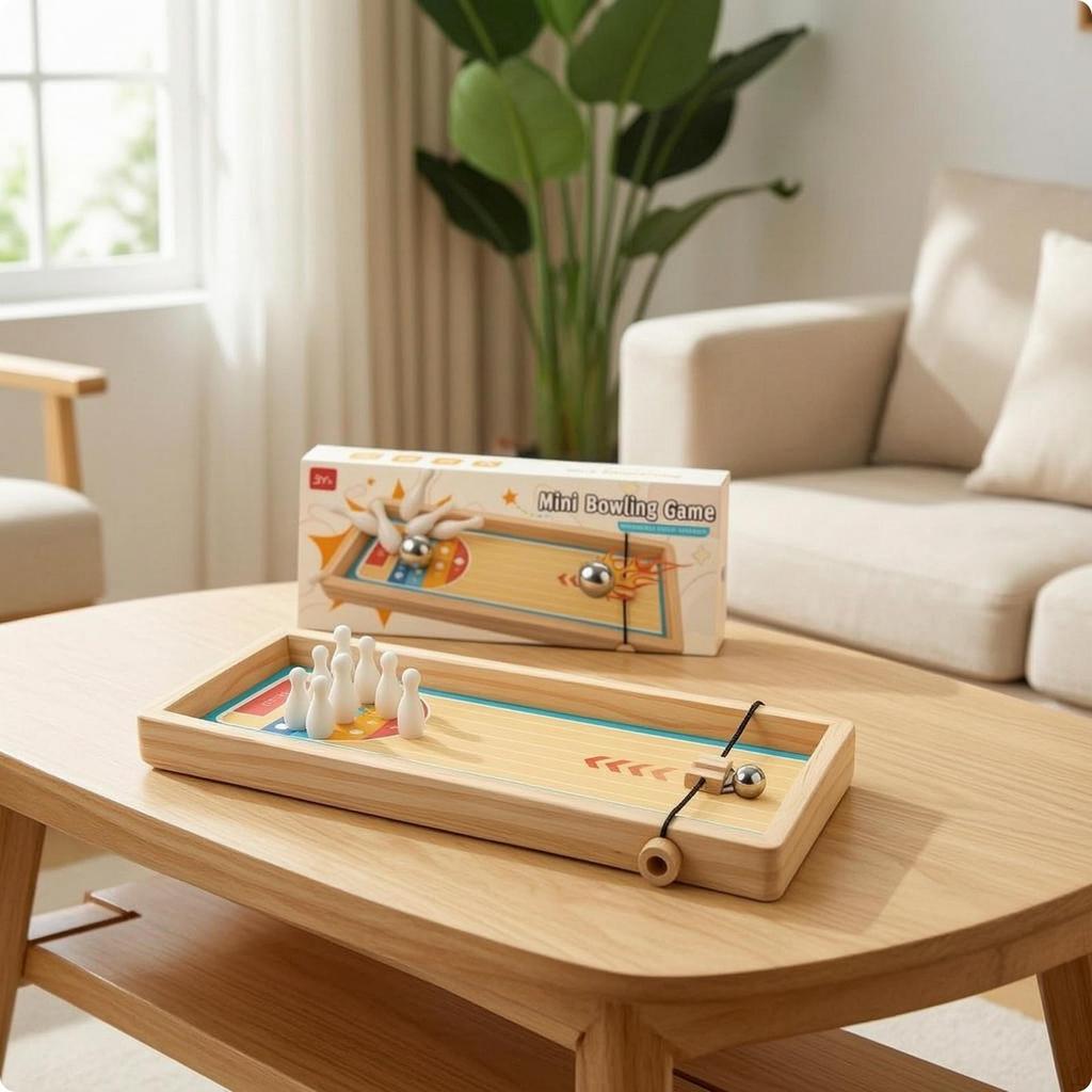 Bowling-Spiel mit Werfer Holz Mini Tischspielzeug für Familien, Büroangestellte, Schreibtisch,