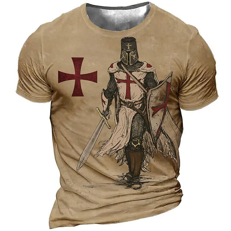 Men's Templar Cross Print Soldier T-shirt Christian T-shirt Short Sleeved T-shirt 3D Printed Round Neck Shirt