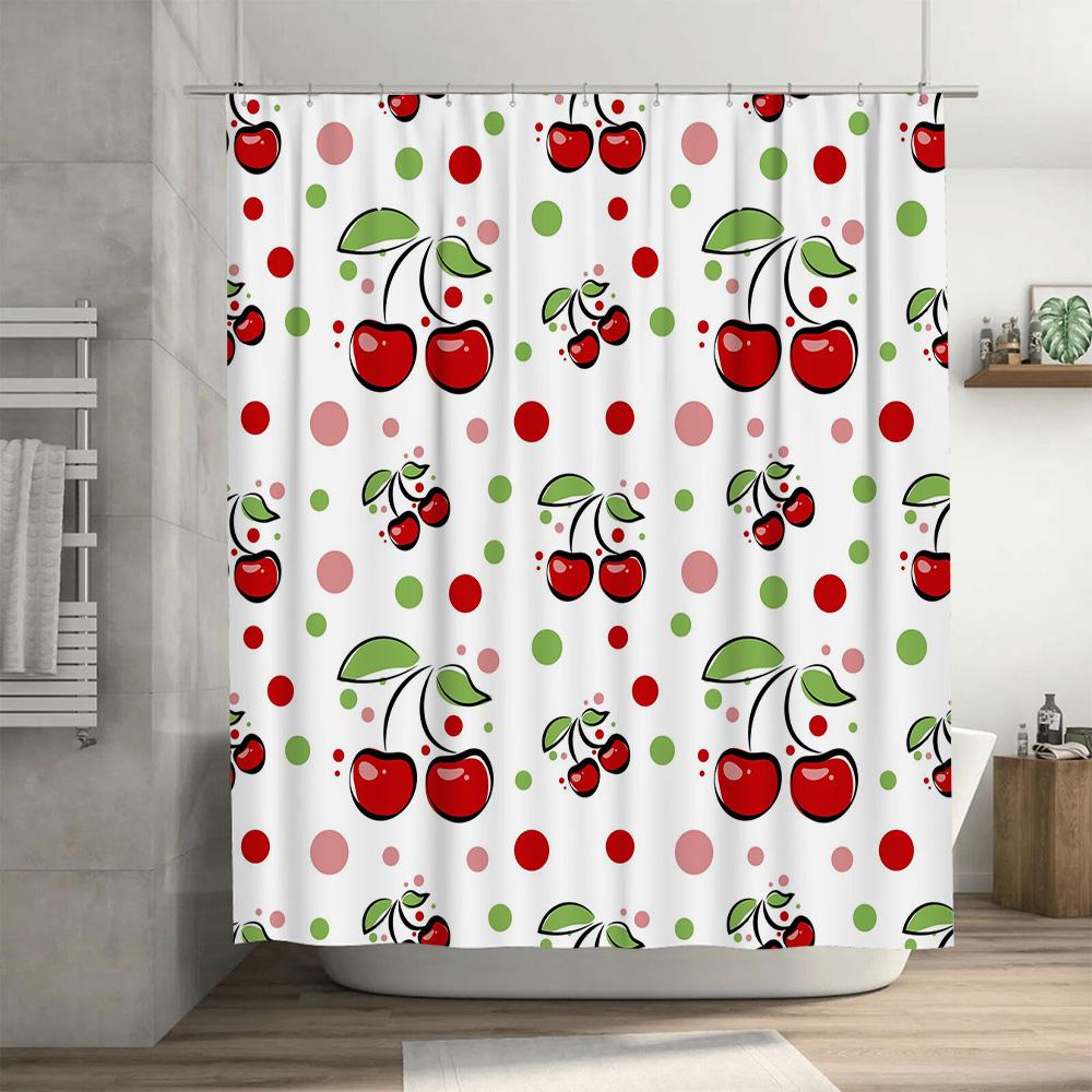 Modern Bathroom Shower Curtain Decorative with Cherry Print Red Green Polka Dots Polyester Fabric Water Resistant Home Decor Ite