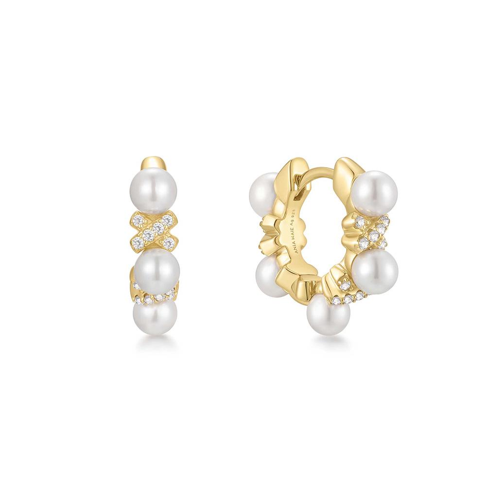 Ania Haie Gold Sparkle Twist Shell Pearl Hoop 925 Silver Earrings E069-07G