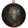 MOTERMATE Vintage Fall Moon Forest Wall Art Decor, Dark Cottagecore Autumn Canvas Prints Framed, Moody Fall Art, Gothic Woodland Round Wall Hanging