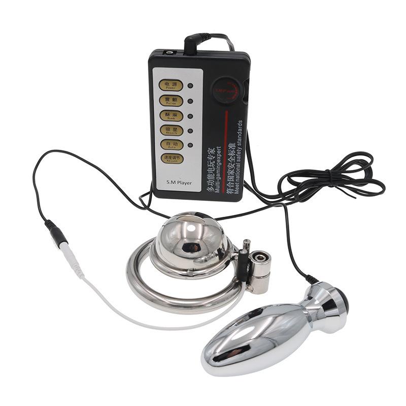 Electric Shock Chastity Lock Pulse Butt Plug Combination Suit Penis Massage Back Court Masturbation Adult Toys Sex Tools