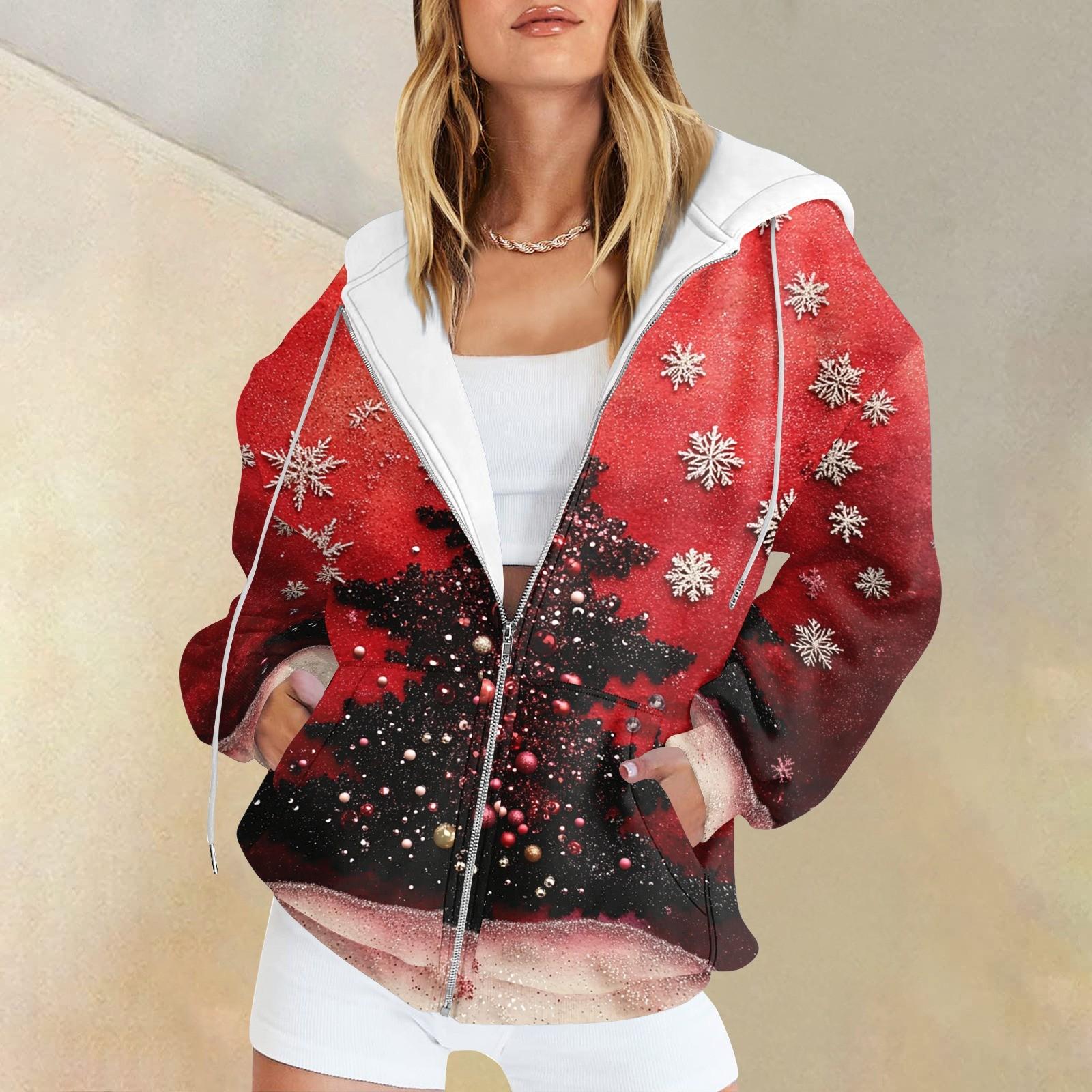 

Женская мода повседневная рождественская принтовая толстовка осень-зима с длинным рукавом кардиган куртка с карманом на молнии толстовка с капюшоном куртка S винный
