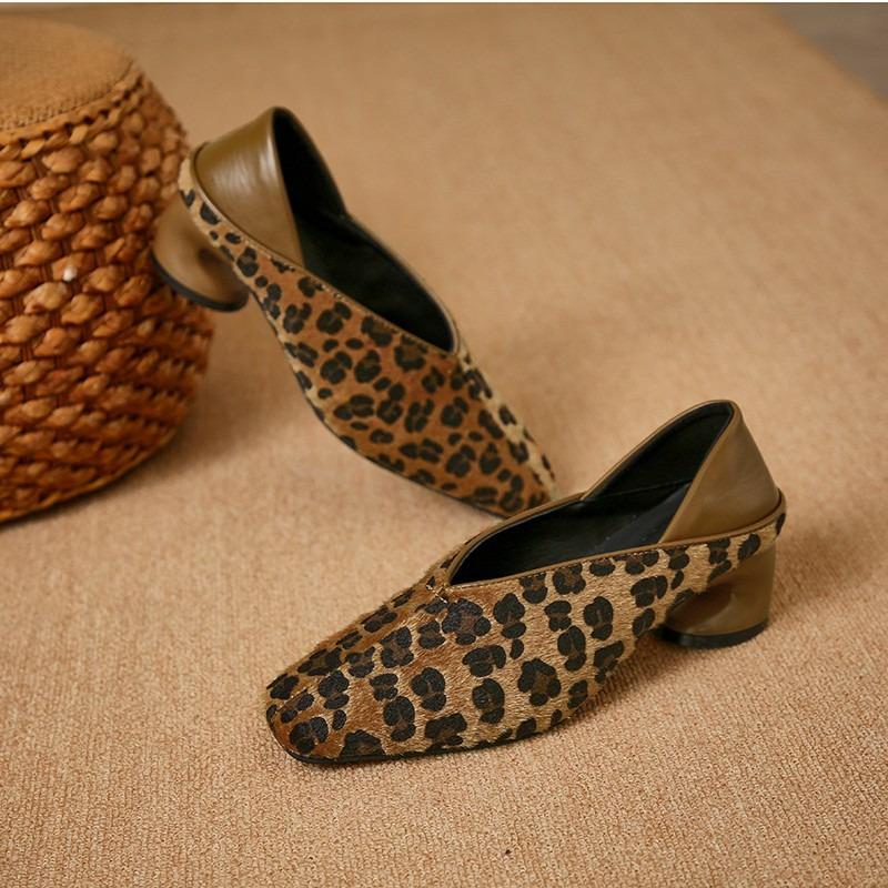 Luxury Horse Hair Leopard Print Loafers Woman Elegant Point Toe Horseshoe Pumps Ladies Brand Design Evening  Velvet Heel Shoes