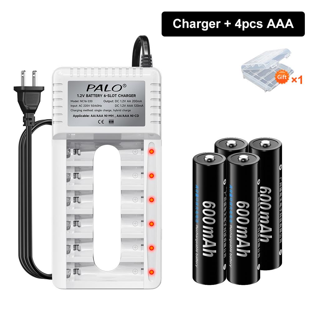 PALO Rechargeable Battery AA 1.2V Ni-MH Batteirse AA(HR6) 1300mAh and AAA(HR03) 600mAh NI-MH 2A/3A Rechargeable Batteries+6-slot charger