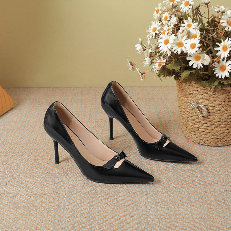 Nude Patent Leather High Heels Women's Spring Summer New Stiletto with Skirt Bow Versatile Temperament High-end Single Shoes