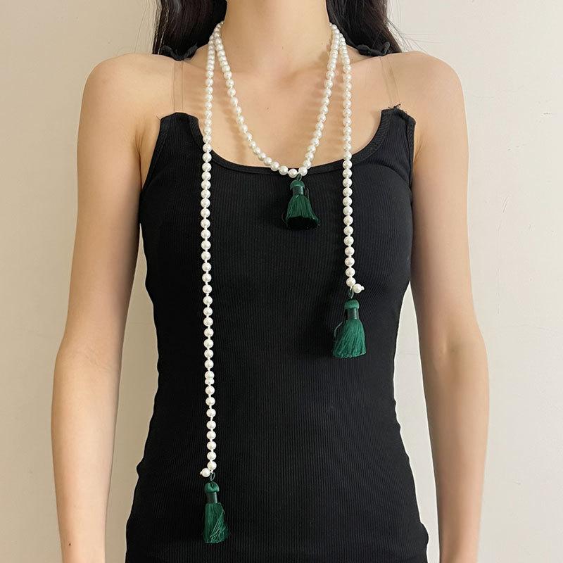 Glass pearl fringed wheat ear necklace retro national style long small fragrant style multi-purpose beaded waist chain accessories