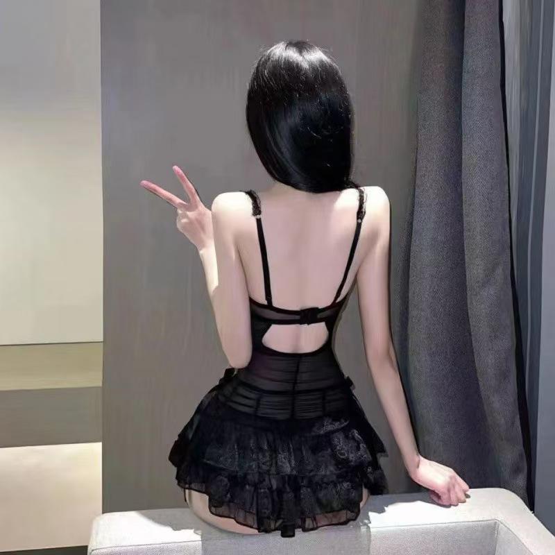 Seductive Lace Mesh See-Through Lingerie Bodysuit with Suspender Straps