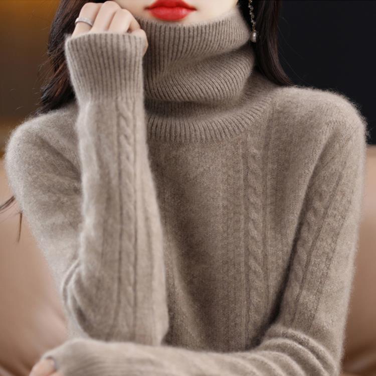 Dámský luxusní svetr s vysokým límcem Podzimní a zimní volný zesílený pletený základní kousek s krátkým rukávem a spadlým límcem