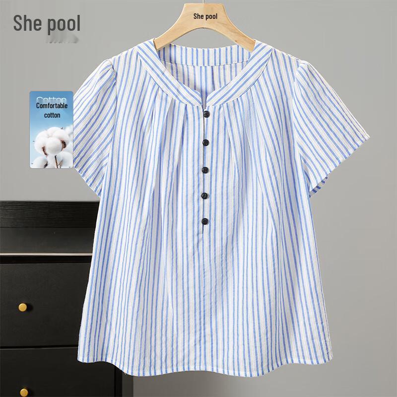 Women s 2025 Summer Striped Short Sleeve Pullover Blouse M