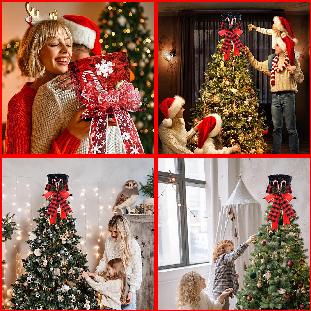 

Christmas Tree Topper Magic hat with Bow and Candy Treetop Cane Home Tree For Christmas Ornamen S8D7 Black-1pcs