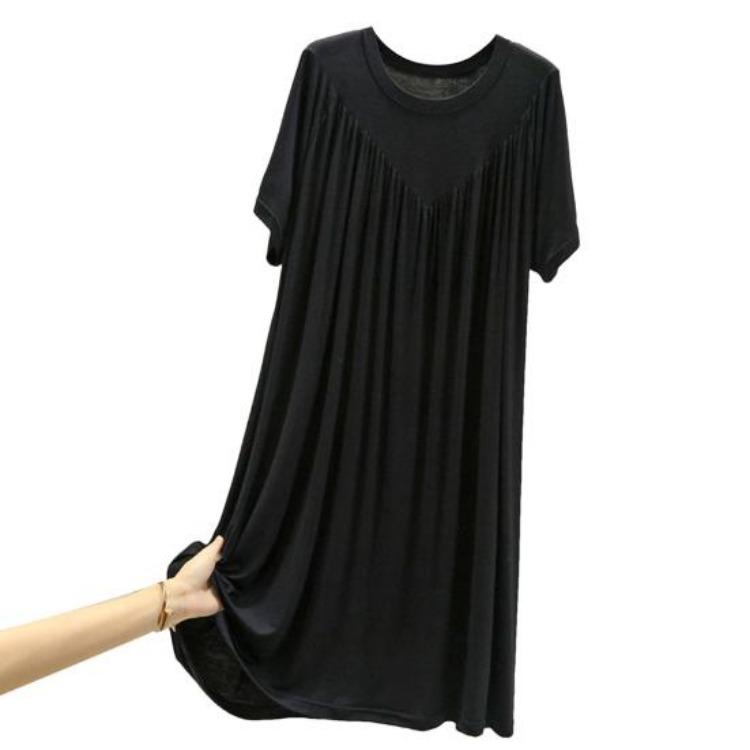 Summer Casual Dress Women Loose Knee Length Pullover Thin Midi Dress Short Sleeves Solid Color Pleated O Neck Daily Wear