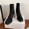High Heels Women's Autumn and Winter New Suede Short Boots Thick Heels Slim Boots Black Square Toe Short Boots Womens platform