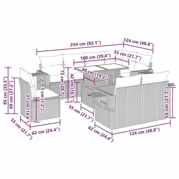 VidaXL Salon de jardin avec coussins 9 pcs marron résine tressée 3326504
