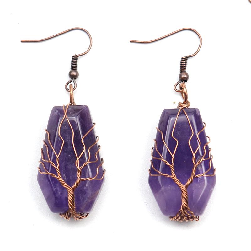 Handmade Agate Coffin Board Tree of Life Earrings - Natural Stone Crystal Dangle for Wealth and Harmony.
