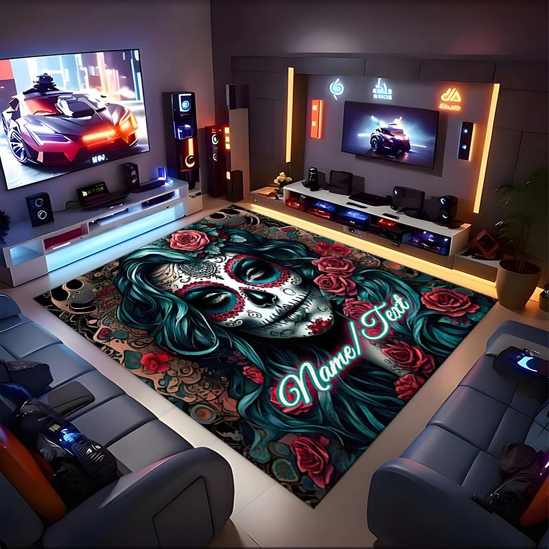 1PC Custom Name Day Dead Art Theme Floor Mat Ideal for Living Room, Game Rooms, Office, Bedroom,Floor Mat Playful Design
