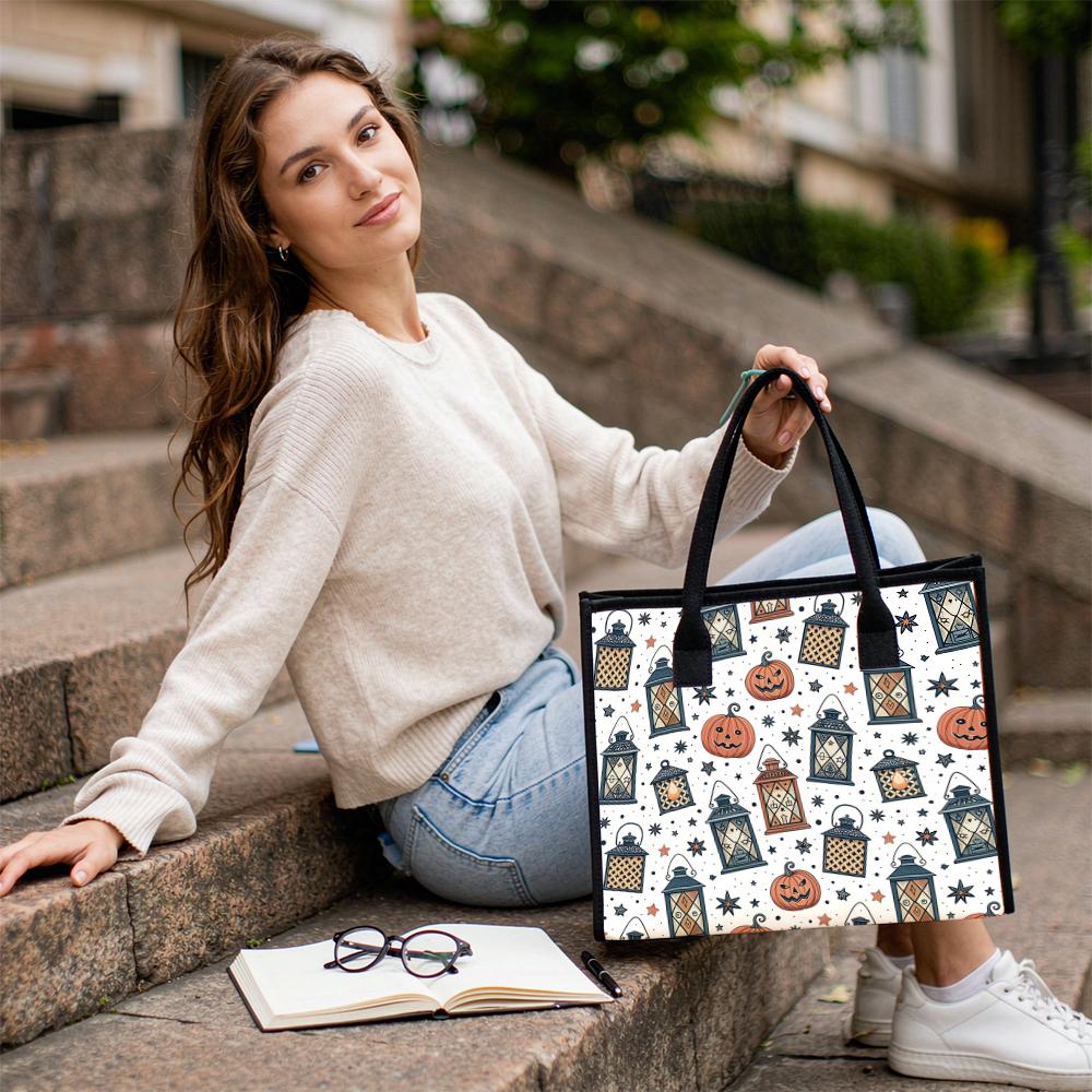Halloween Pumpkin Lantern Printed Casual Tote Bag for Women Fashion Daily Use Shopping Handbag