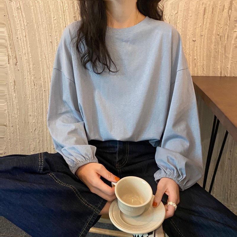 Women's 2024 Autumn Lantern Sleeve Loose Pullover T-Shirt - Solid Color Trendy Style