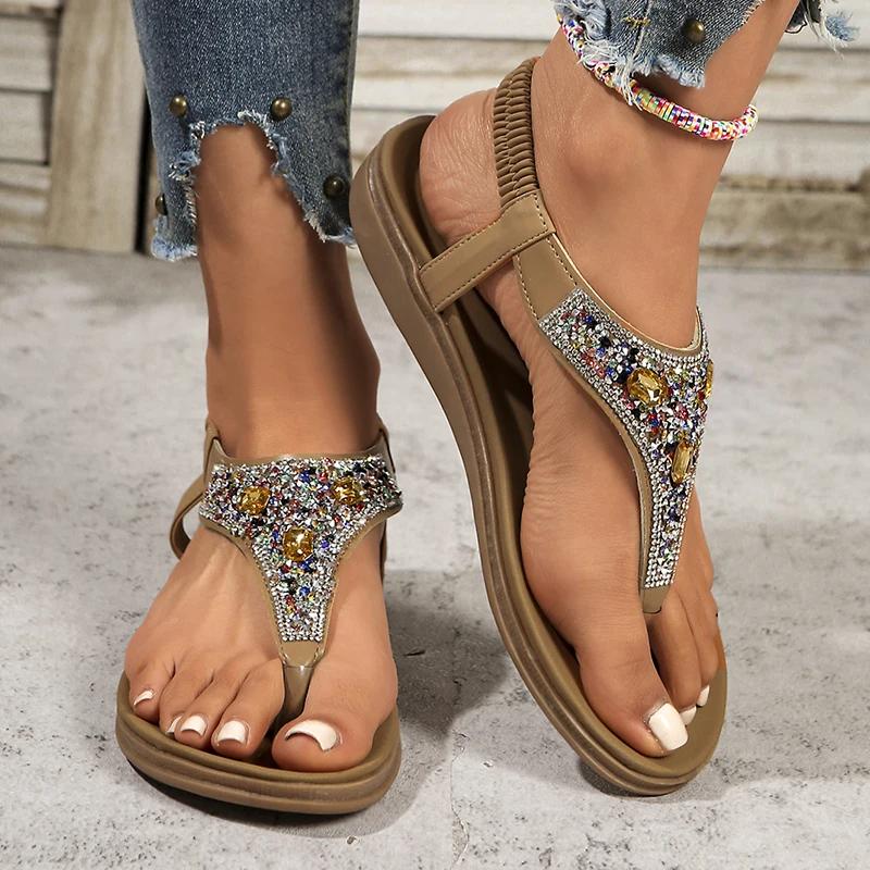 Fashion Fashion Rhinestone Bohemian Sandals Women 2025 Summer Clip Toe Flats Beach Sandles Woman Non Slip Elastic Band Sandalias Mujer